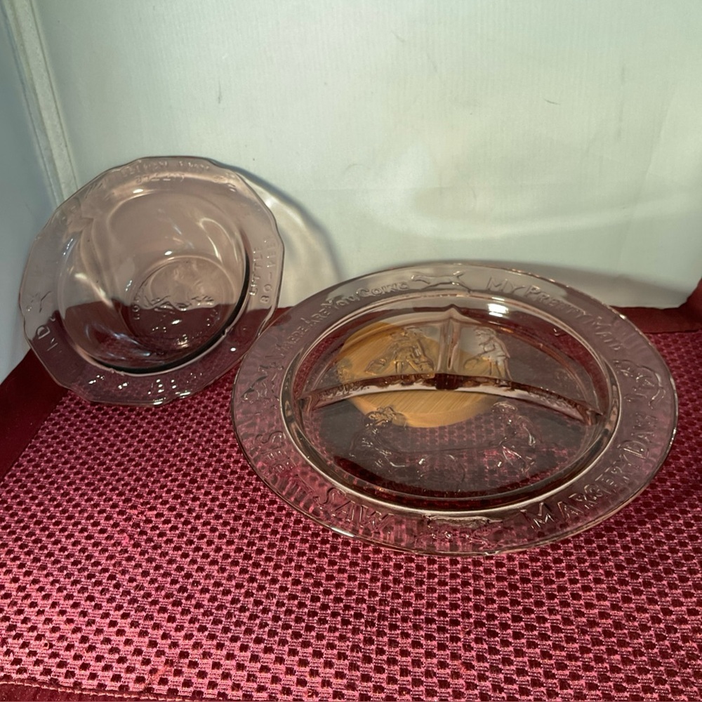 Vintage Glass Divided Plate and bowl Mother Goose rare depression glass